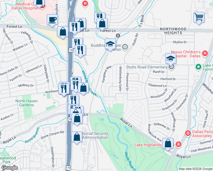 map of restaurants, bars, coffee shops, grocery stores, and more near 9247 Markanne Drive in Dallas