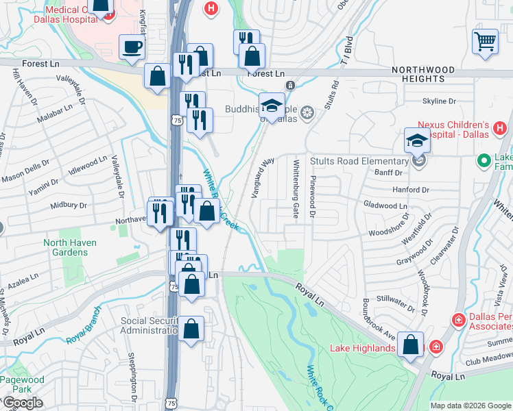map of restaurants, bars, coffee shops, grocery stores, and more near 9247 Markanne Drive in Dallas