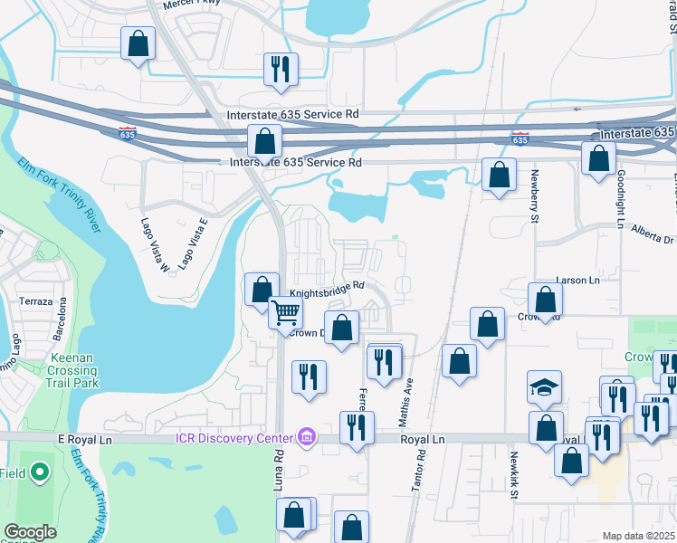 map of restaurants, bars, coffee shops, grocery stores, and more near Unnamed Road in Farmers Branch