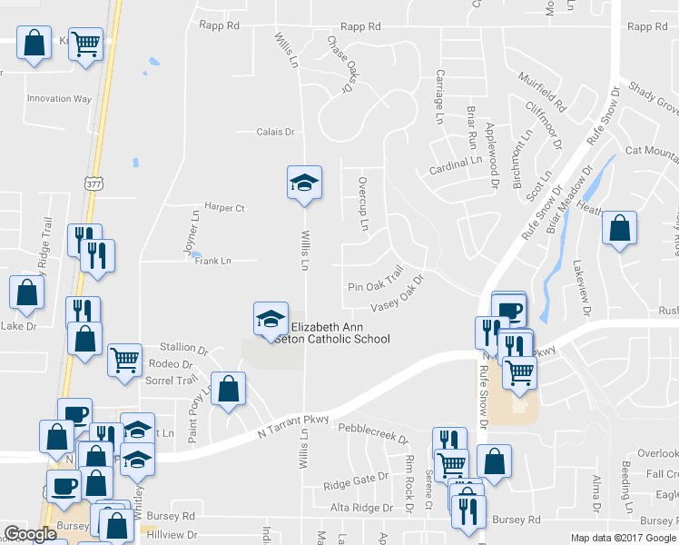 map of restaurants, bars, coffee shops, grocery stores, and more near 1804 Lacey Oak Lane in Keller