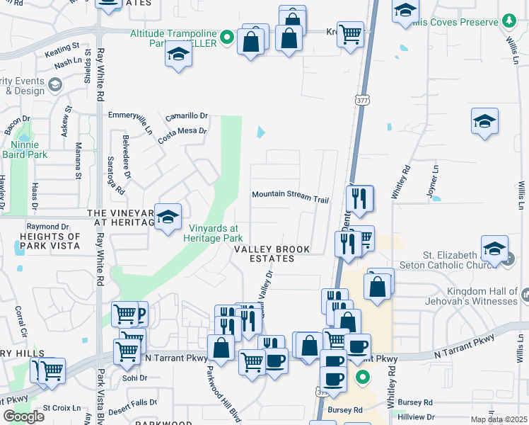 map of restaurants, bars, coffee shops, grocery stores, and more near 5705 Moon Flower Court in Fort Worth