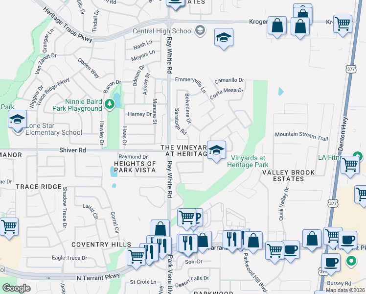 map of restaurants, bars, coffee shops, grocery stores, and more near 5216 Novato Place in Fort Worth
