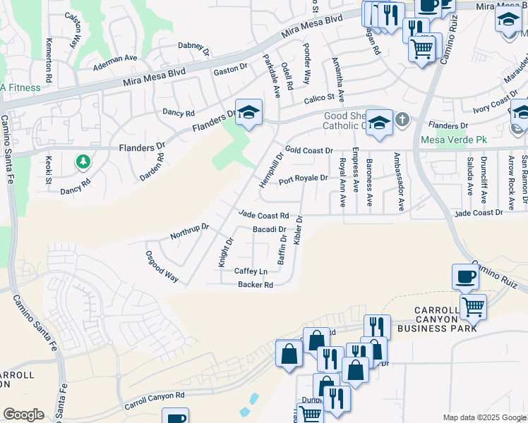 map of restaurants, bars, coffee shops, grocery stores, and more near 7808 Jade Coast Road in San Diego