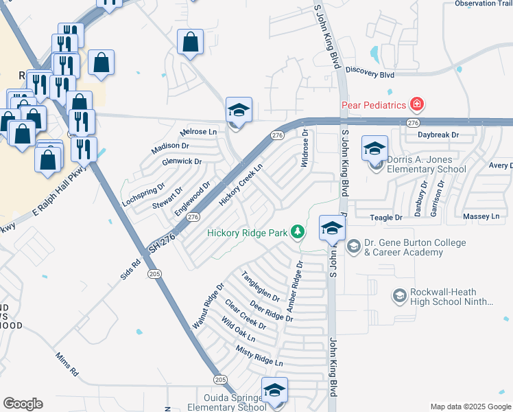map of restaurants, bars, coffee shops, grocery stores, and more near 1618 Creekridge Court in Rockwall