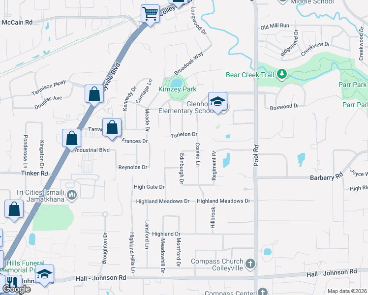 map of restaurants, bars, coffee shops, grocery stores, and more near 2304 Woodmoor Drive in Colleyville