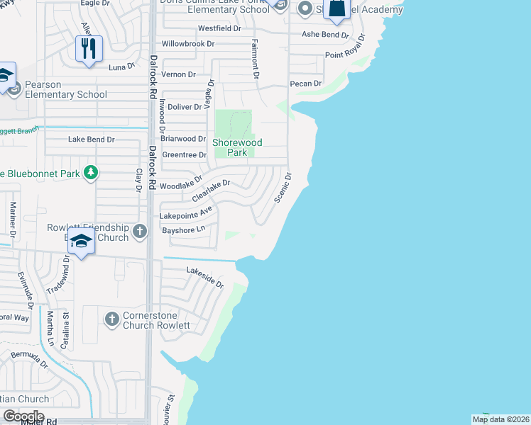 map of restaurants, bars, coffee shops, grocery stores, and more near 4506 Lakepointe Avenue in Rowlett