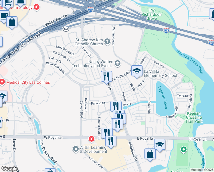 map of restaurants, bars, coffee shops, grocery stores, and more near 6941 Riverside Drive in Irving