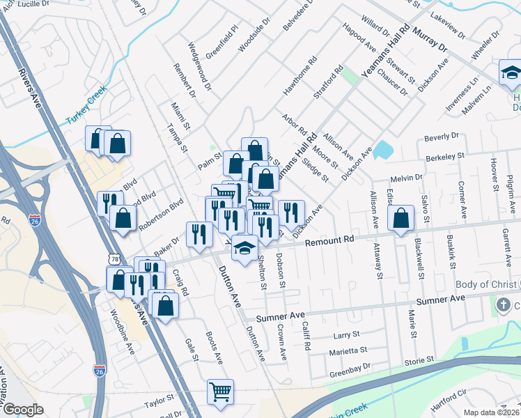 map of restaurants, bars, coffee shops, grocery stores, and more near 1271 Yeamans Hall Road in Hanahan