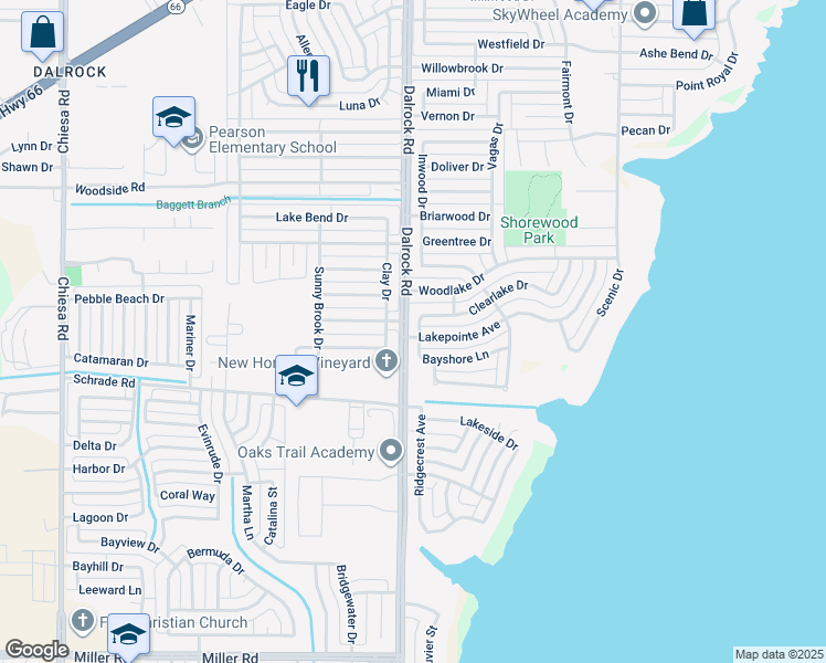 map of restaurants, bars, coffee shops, grocery stores, and more near 8702 Clearlake Drive in Rowlett