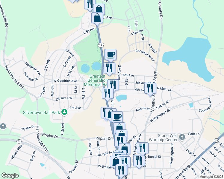 map of restaurants, bars, coffee shops, grocery stores, and more near 699 Short East Street in Thomaston