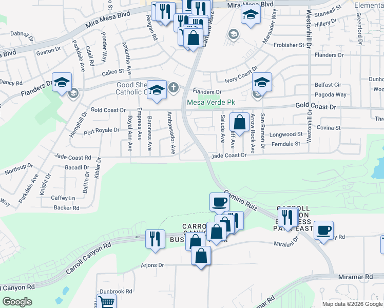 map of restaurants, bars, coffee shops, grocery stores, and more near 8225 Jade Coast Road in San Diego