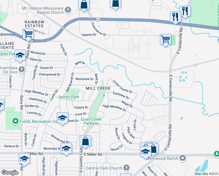 map of restaurants, bars, coffee shops, grocery stores, and more near 1402 Spring View Drive in Garland