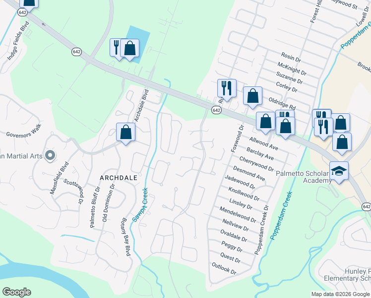 map of restaurants, bars, coffee shops, grocery stores, and more near 7950 Parklane Court in North Charleston