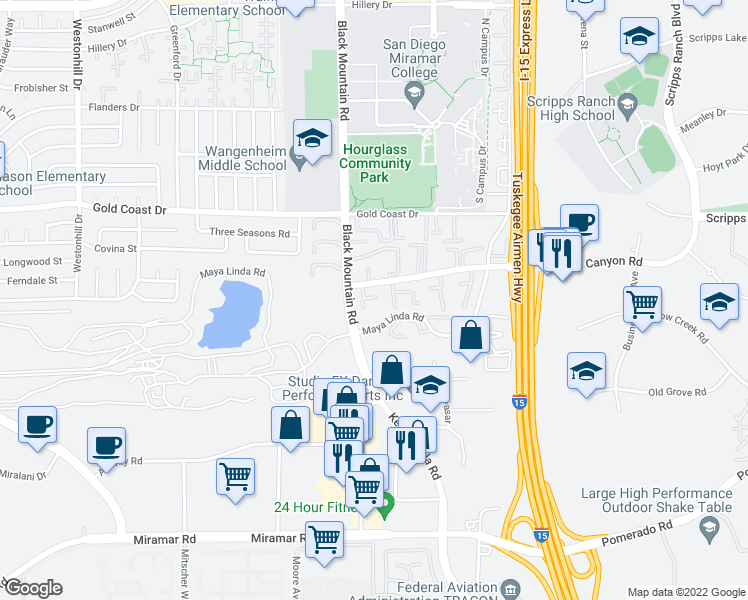 map of restaurants, bars, coffee shops, grocery stores, and more near 9448 Caminito Cabana in San Diego