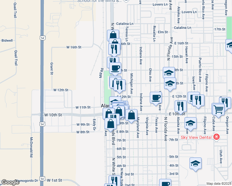 map of restaurants, bars, coffee shops, grocery stores, and more near 1200 North White Sands Boulevard in Alamogordo