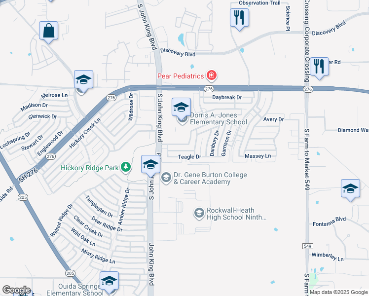 map of restaurants, bars, coffee shops, grocery stores, and more near 2260 Fieldcrest Drive in Rockwall