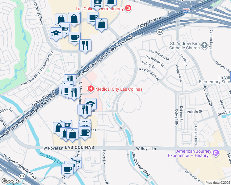 map of restaurants, bars, coffee shops, grocery stores, and more near 6777 Verandah Way in Irving