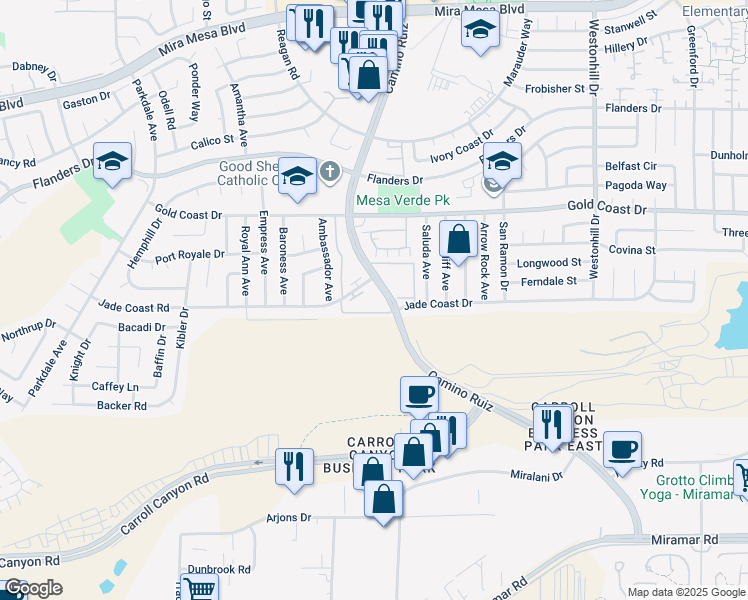 map of restaurants, bars, coffee shops, grocery stores, and more near 10166 Camino Ruiz in San Diego