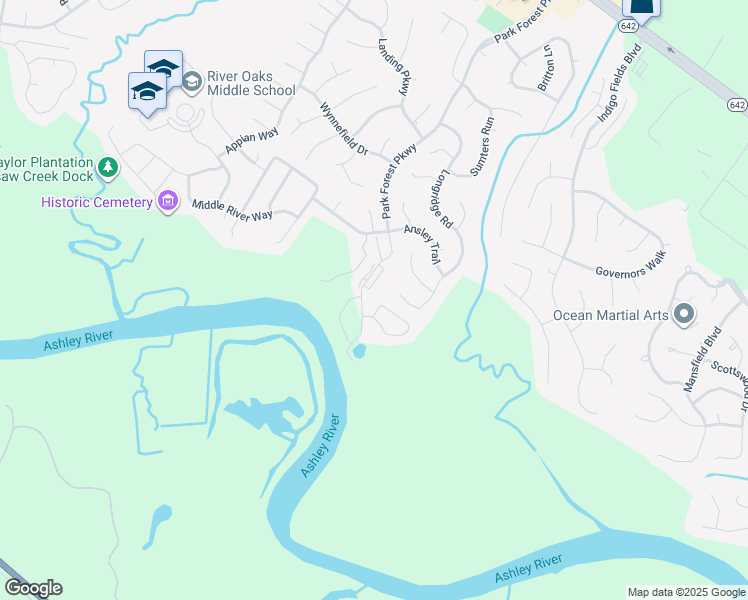 map of restaurants, bars, coffee shops, grocery stores, and more near 8253 Longridge Road in Charleston