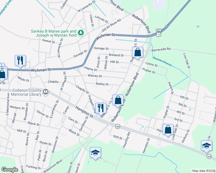 map of restaurants, bars, coffee shops, grocery stores, and more near 212 Bailey Street in Walterboro