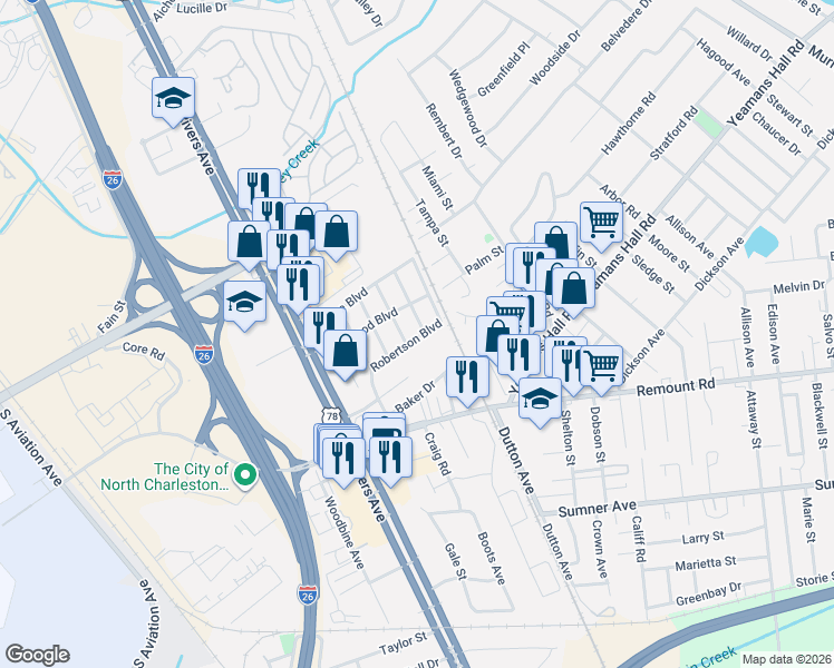 map of restaurants, bars, coffee shops, grocery stores, and more near 5835 Althea Avenue in North Charleston