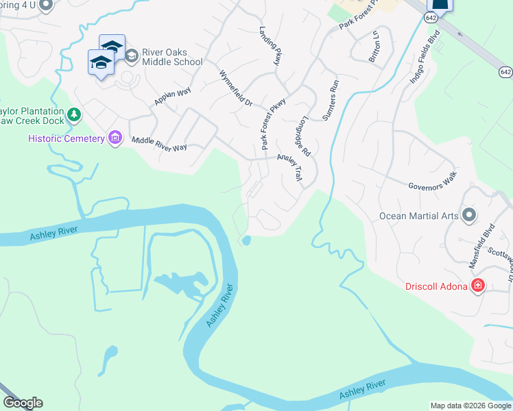 map of restaurants, bars, coffee shops, grocery stores, and more near 8253 Longridge Road in Charleston