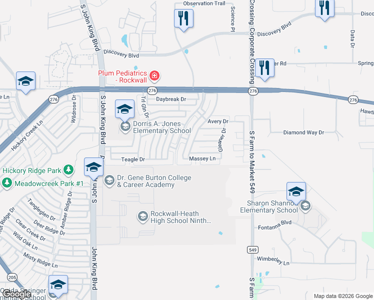 map of restaurants, bars, coffee shops, grocery stores, and more near 2131 Harvester Drive in Rockwall