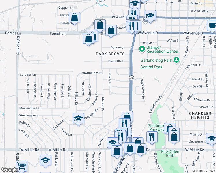 map of restaurants, bars, coffee shops, grocery stores, and more near 1214 Marion Drive in Garland