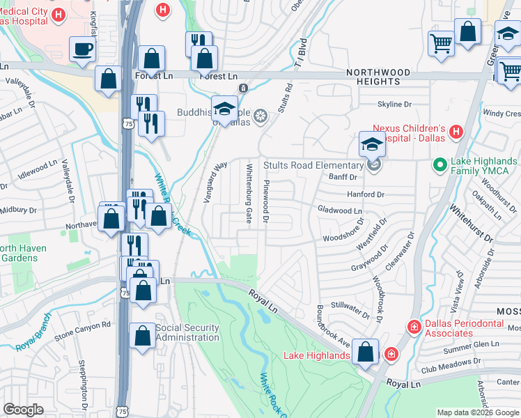 map of restaurants, bars, coffee shops, grocery stores, and more near 9231 Pinewood Drive in Dallas