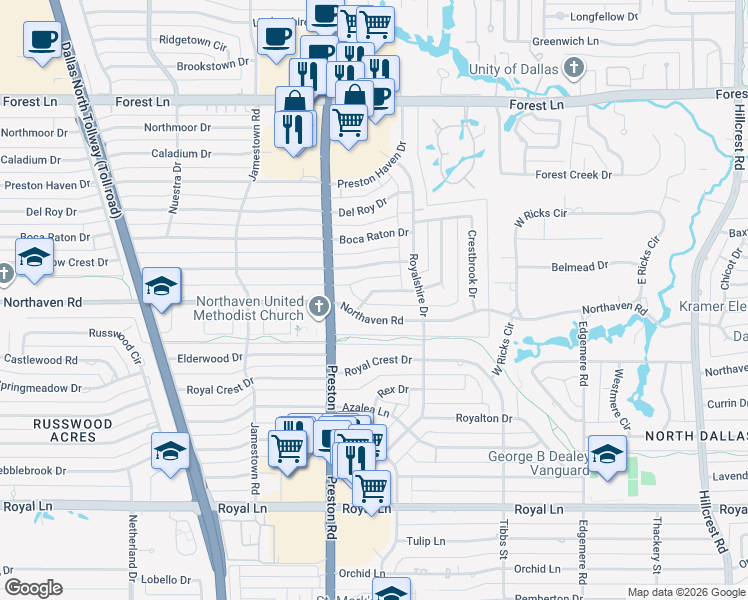 map of restaurants, bars, coffee shops, grocery stores, and more near 6119 Yorkshire Drive in Dallas
