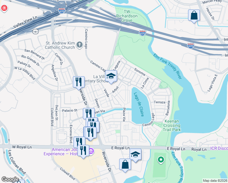 map of restaurants, bars, coffee shops, grocery stores, and more near 626 Arbol in Irving