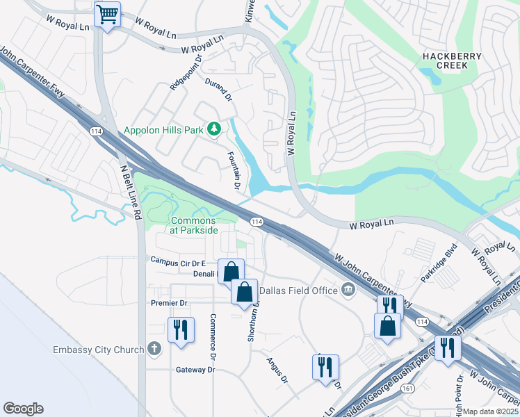 map of restaurants, bars, coffee shops, grocery stores, and more near 2436 Fountain Drive in Irving