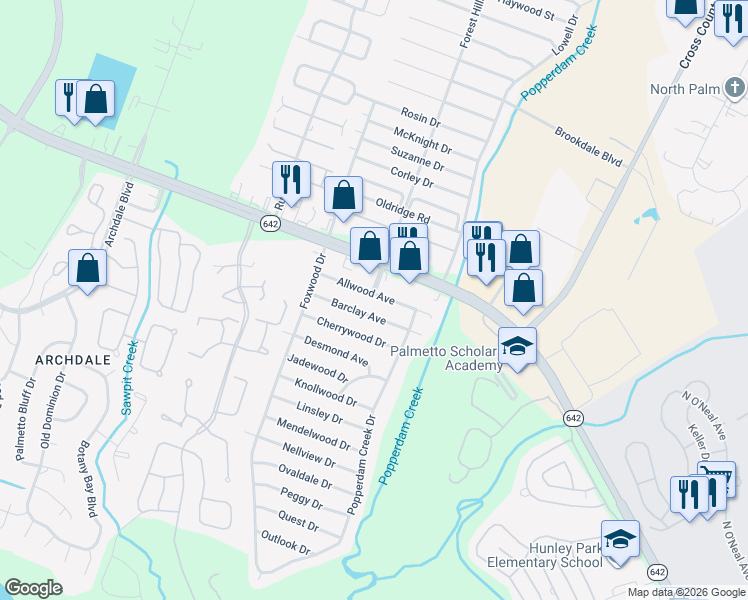 map of restaurants, bars, coffee shops, grocery stores, and more near 7679 Allwood Avenue in North Charleston
