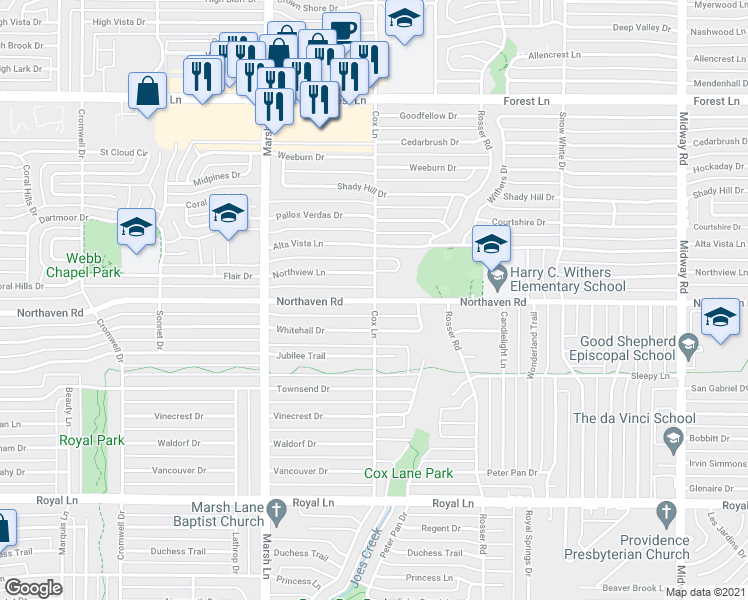 map of restaurants, bars, coffee shops, grocery stores, and more near 11301 Cox Lane in Dallas