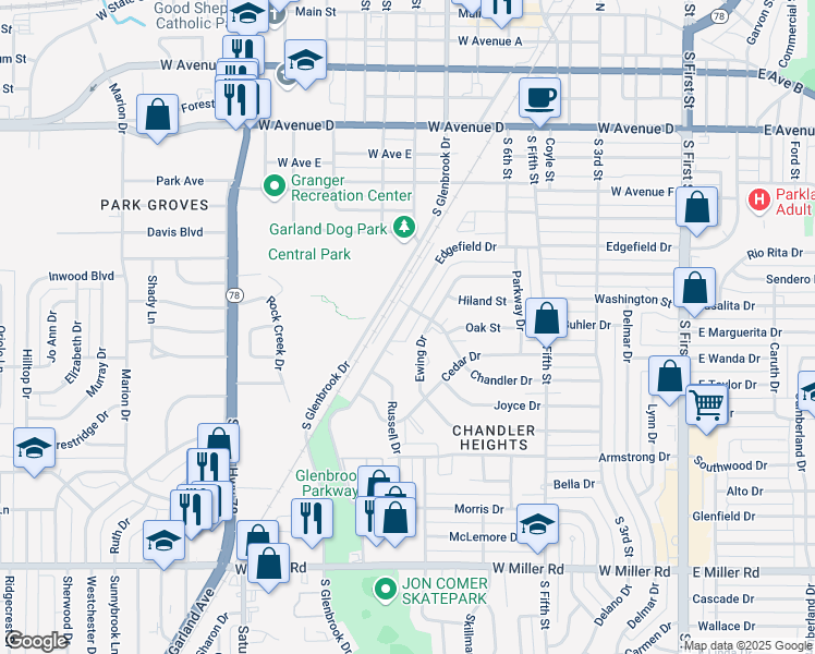 map of restaurants, bars, coffee shops, grocery stores, and more near 1108 Edgefield Drive in Garland
