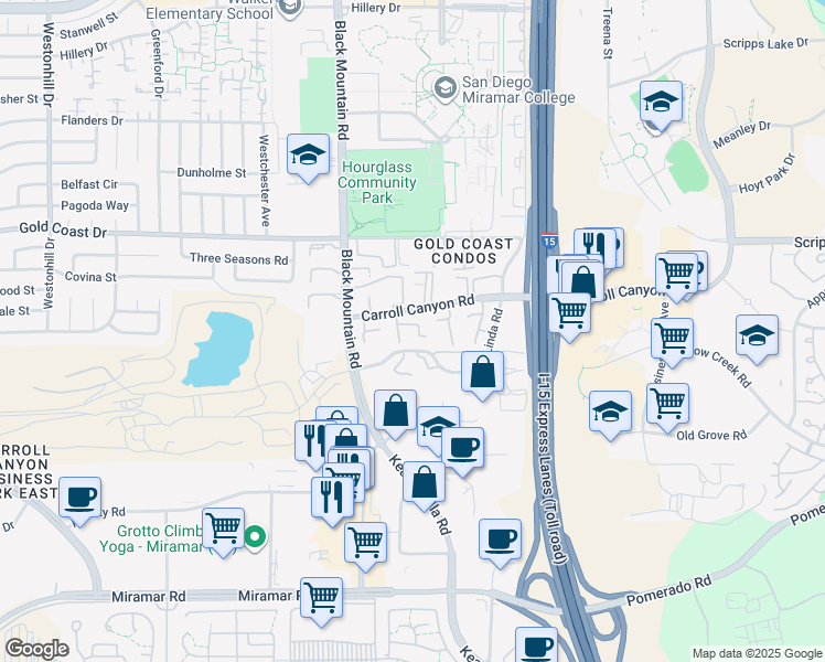 map of restaurants, bars, coffee shops, grocery stores, and more near 10131 Caminito Zar in San Diego