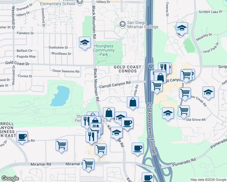 map of restaurants, bars, coffee shops, grocery stores, and more near 9533 Caminito Toga in San Diego