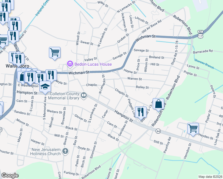 map of restaurants, bars, coffee shops, grocery stores, and more near 306 Chaplin Street in Walterboro