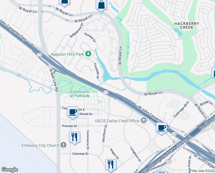map of restaurants, bars, coffee shops, grocery stores, and more near 2436 Fountain Drive in Irving