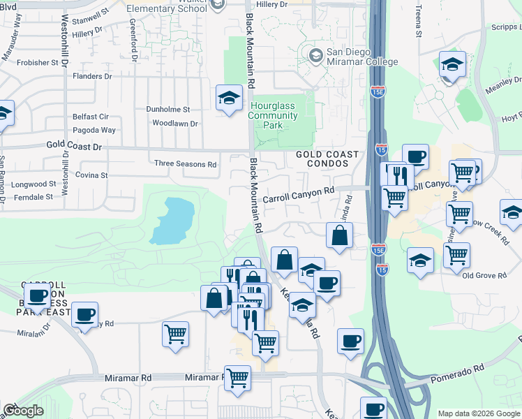 map of restaurants, bars, coffee shops, grocery stores, and more near 10166 Caminito Mulege in San Diego