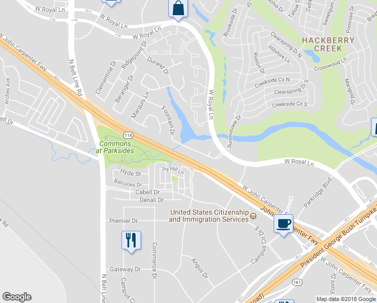 map of restaurants, bars, coffee shops, grocery stores, and more near 2436 Fountain Drive in Irving