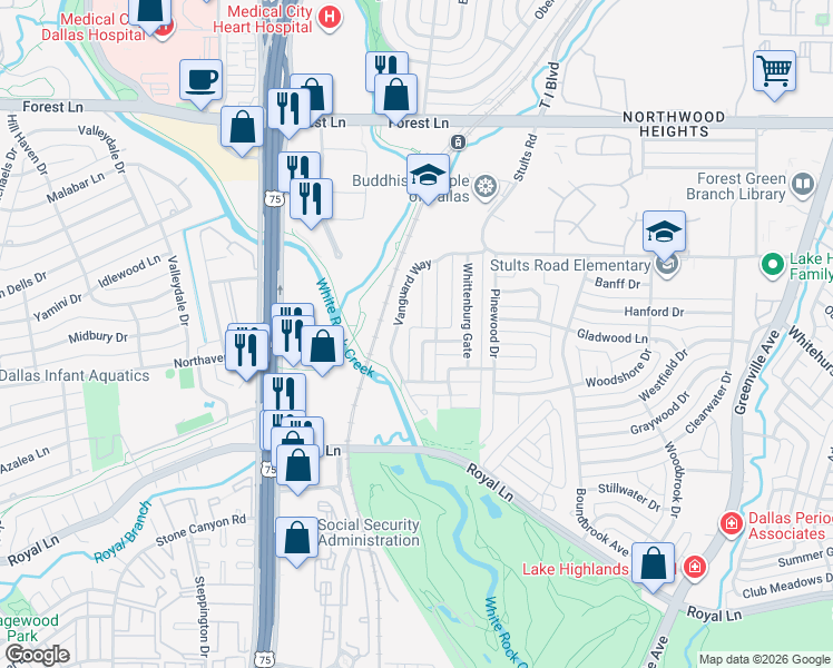 map of restaurants, bars, coffee shops, grocery stores, and more near 9247 Markanne Drive in Dallas