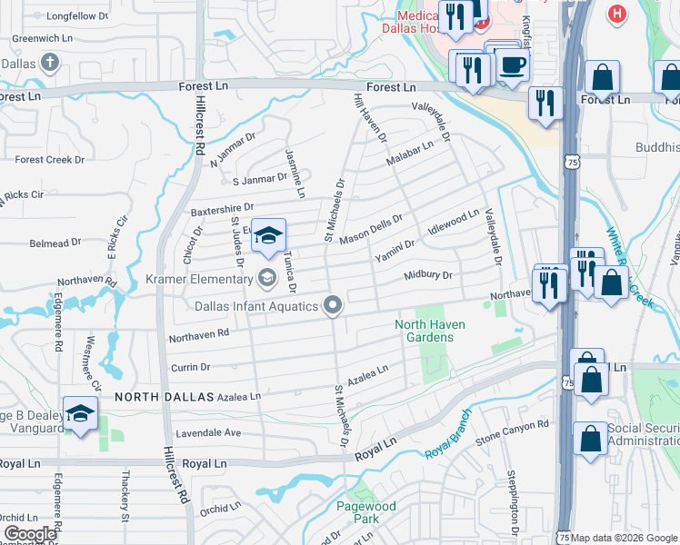 map of restaurants, bars, coffee shops, grocery stores, and more near 7318 Yamini Drive in Dallas