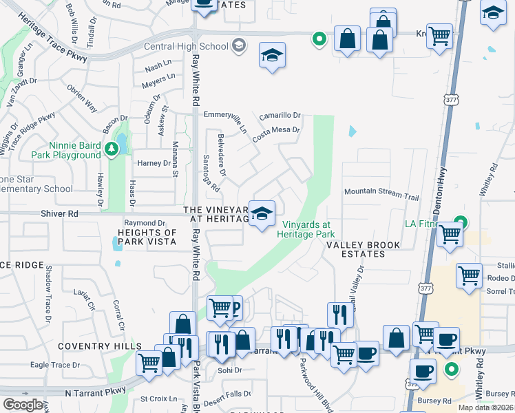 map of restaurants, bars, coffee shops, grocery stores, and more near 5313 Temecula Road in Fort Worth