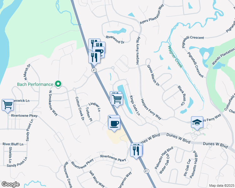 map of restaurants, bars, coffee shops, grocery stores, and more near 2233 Kings Gate Lane in Mount Pleasant