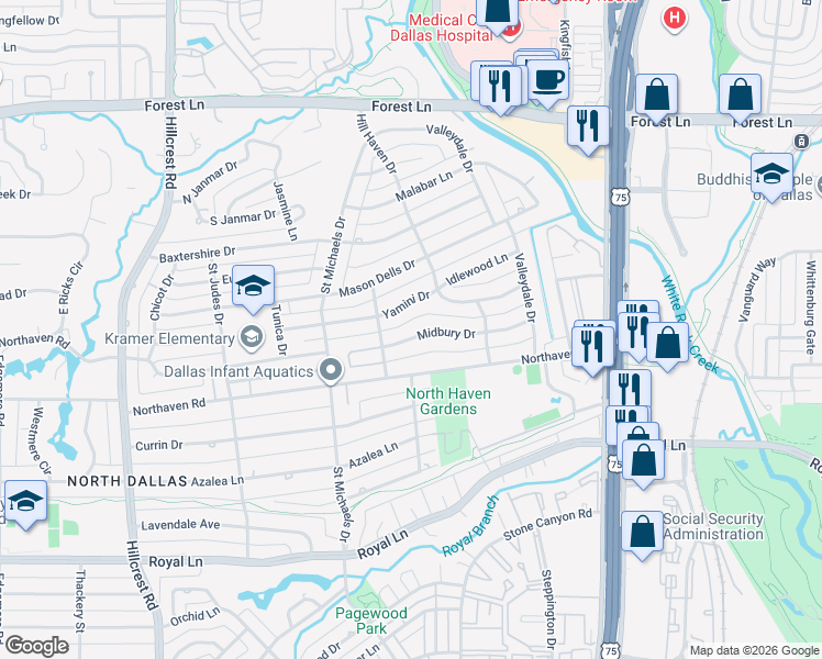 map of restaurants, bars, coffee shops, grocery stores, and more near 7531 Midbury Drive in Dallas