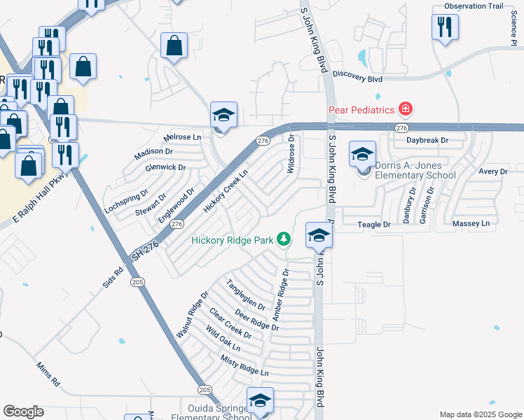 map of restaurants, bars, coffee shops, grocery stores, and more near 1707 Cliffbrook Drive in Rockwall