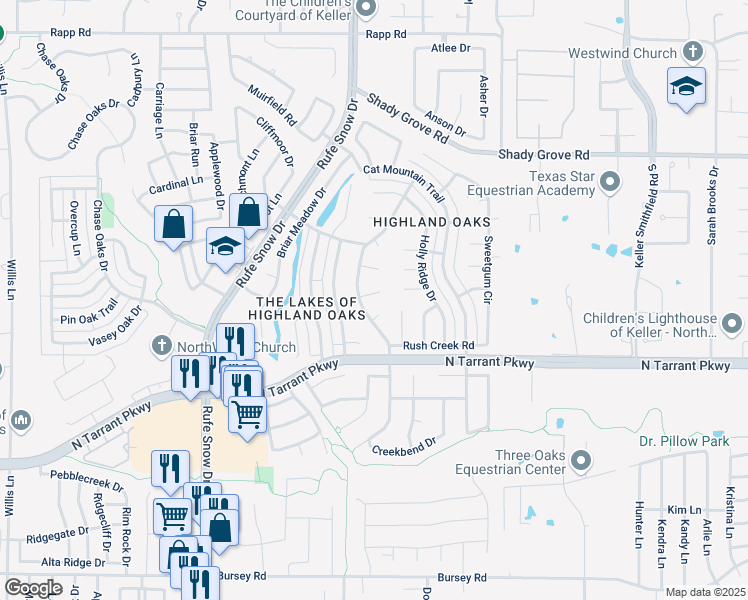 map of restaurants, bars, coffee shops, grocery stores, and more near 804 Tall Pine Ct in Keller