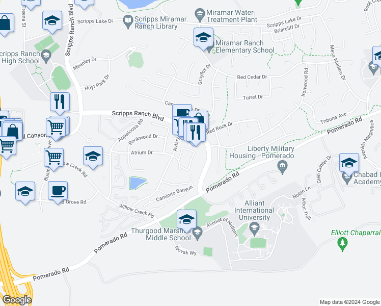 map of restaurants, bars, coffee shops, grocery stores, and more near 9917 Aviary Drive in San Diego