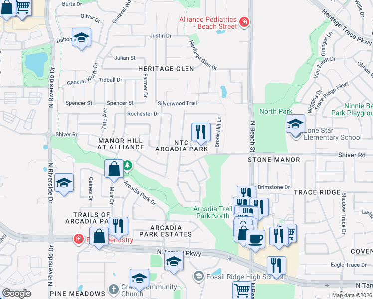 map of restaurants, bars, coffee shops, grocery stores, and more near 4225 Enchanted Rock Lane in Fort Worth
